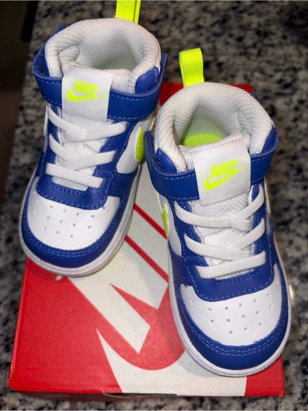 Nike Kids Blue, White and Neon Yellow High-Top Sneakers